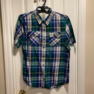 Superdry Brand Denim mens XL short sleeve button down blue green plaid shirt